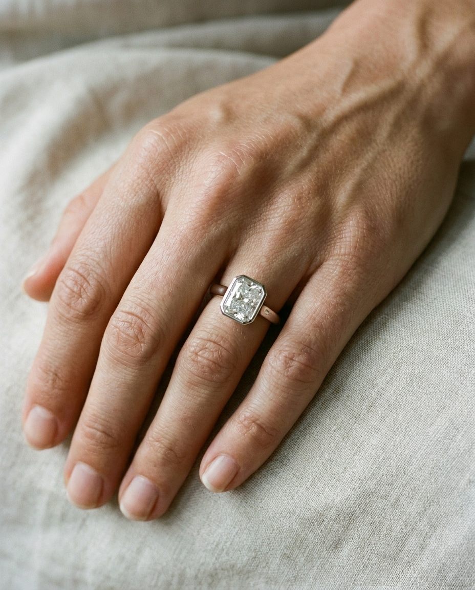The Agnes Select bezel solitaire radiant engagement ring in platinum — on hand — RockHer