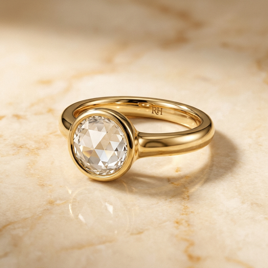 Agnes Rose Cut bezel solitaire engagement ring setting in 18K Yellow Gold — alt-angle hero — RockHer
