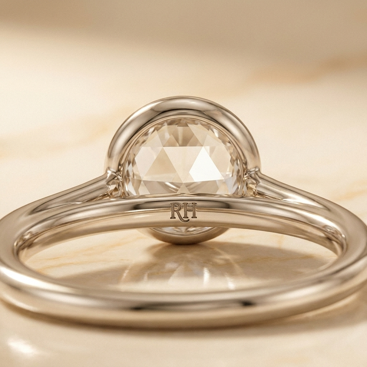The Agnes Select bezel solitaire rose cut engagement ring in 18k white gold — construction detail — RockHer