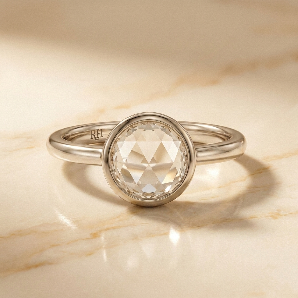 The Agnes Select bezel solitaire rose cut engagement ring in platinum — front view — RockHer
