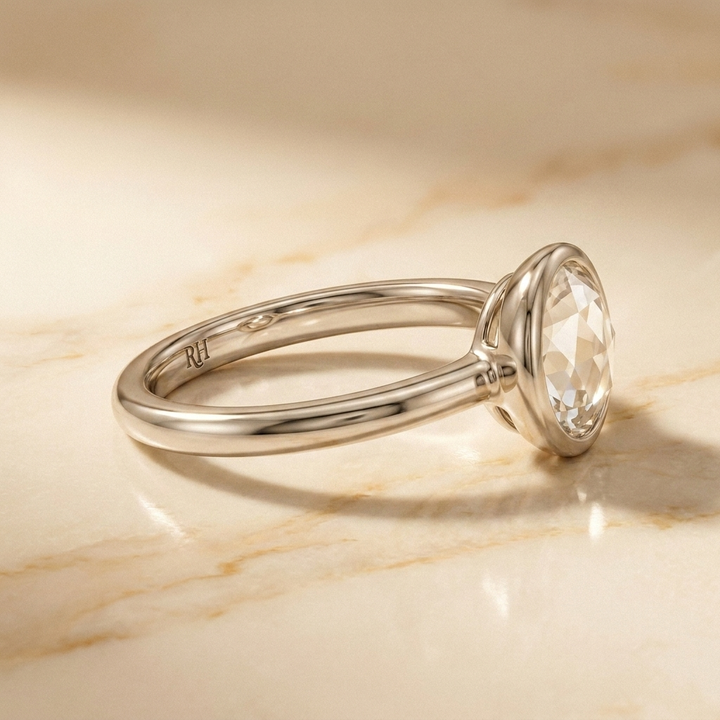 The Agnes Select bezel solitaire rose cut engagement ring in platinum — side profile — RockHer