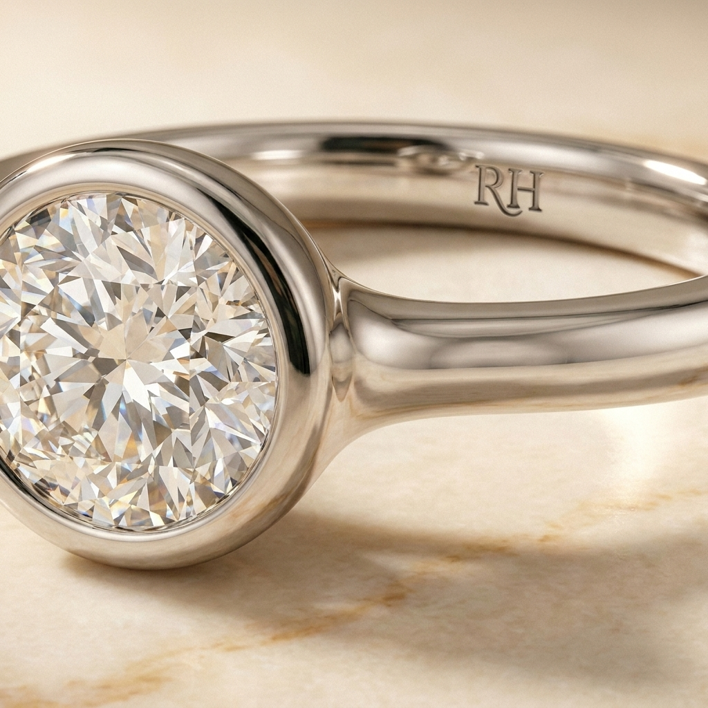 The Agnes bezel solitaire round brilliant engagement ring setting in platinum — construction detail — RockHer