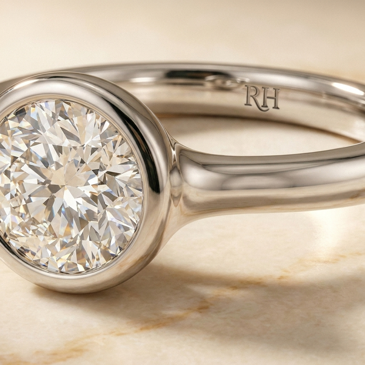 The Agnes bezel solitaire round brilliant engagement ring setting in platinum — construction detail — RockHer