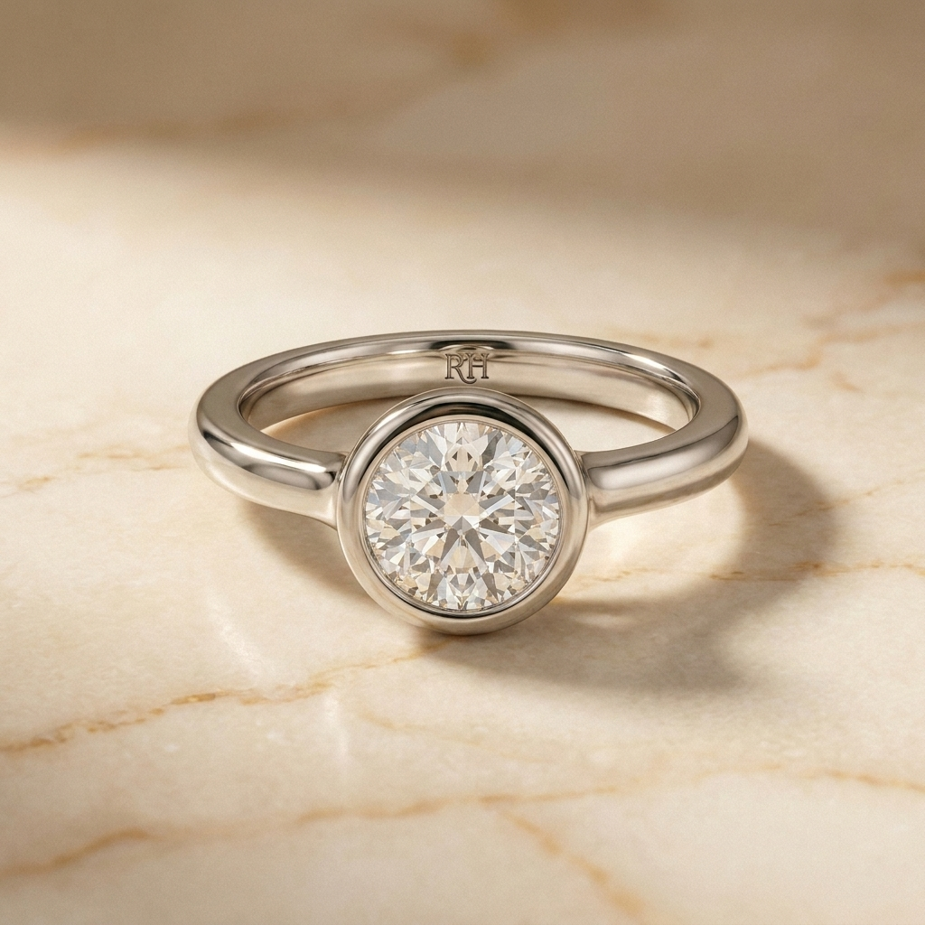 The Agnes bezel solitaire round brilliant engagement ring setting in platinum — front view — RockHer