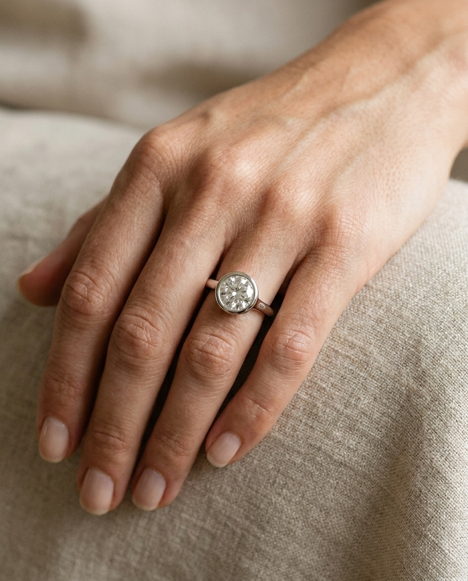 The Agnes bezel solitaire round brilliant engagement ring setting in platinum — on hand — RockHer
