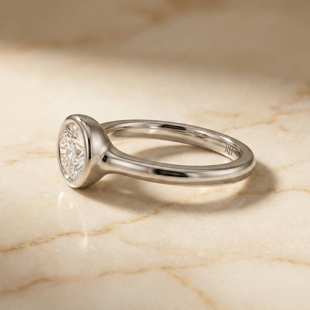 The Agnes bezel solitaire round brilliant engagement ring setting in platinum — side profile — RockHer