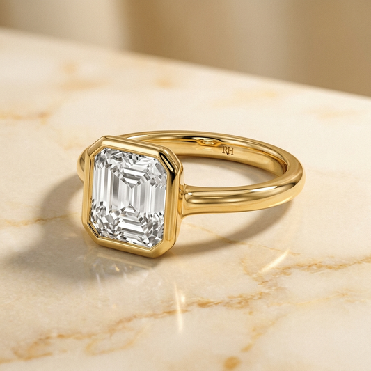 Agnes Square Emerald bezel solitaire engagement ring setting in 18K Yellow Gold — alt-angle hero — RockHer