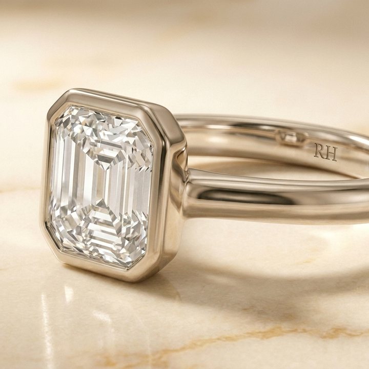 The Agnes Select bezel solitaire square emerald engagement ring in 18k white gold — construction detail — RockHer