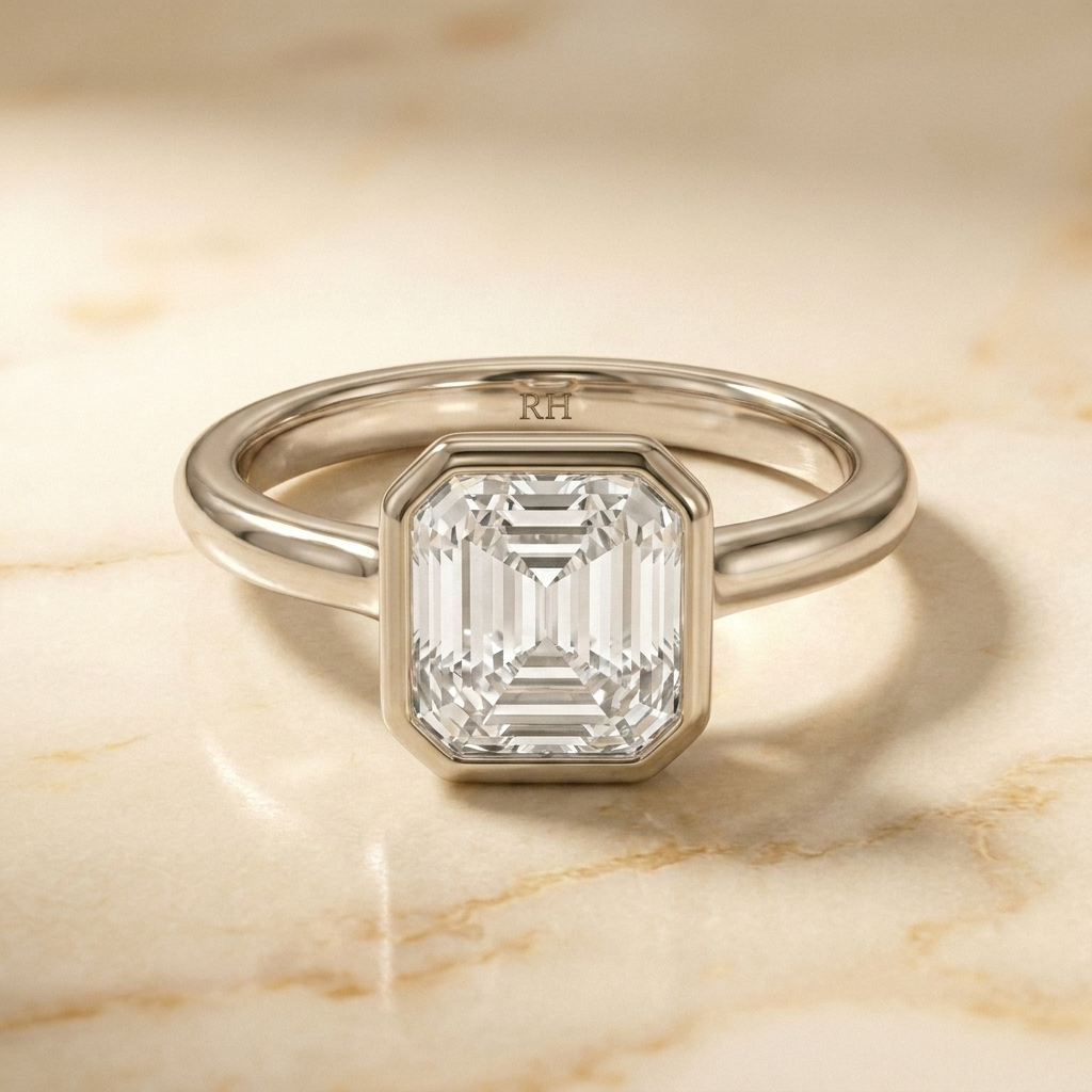 The Agnes Select bezel solitaire square emerald engagement ring in platinum — front view — RockHer