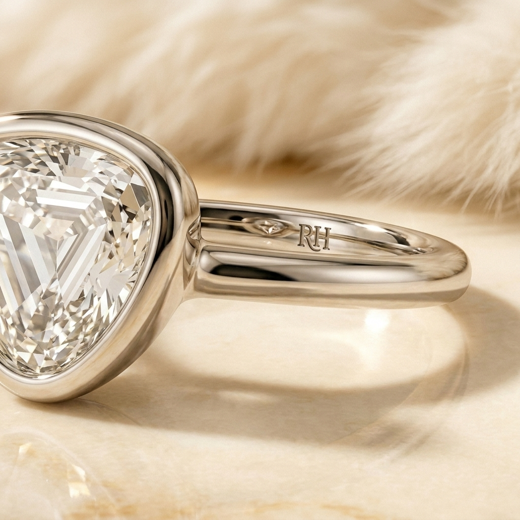 The Agnes Select bezel solitaire shield engagement ring in platinum — construction detail — RockHer
