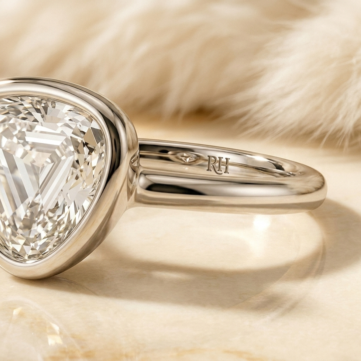 The Agnes Select bezel solitaire shield engagement ring in platinum — construction detail — RockHer