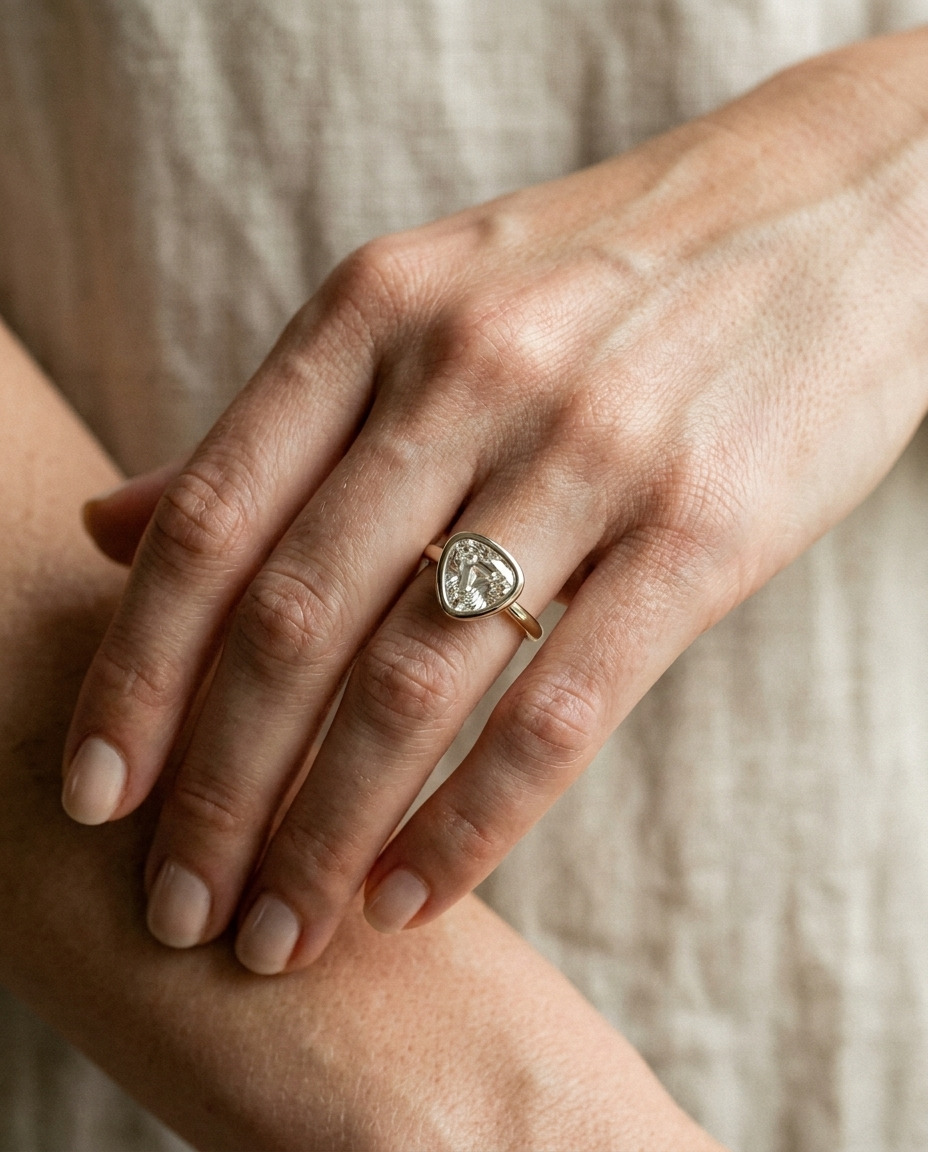 The Agnes Select bezel solitaire shield engagement ring in platinum — on hand — RockHer