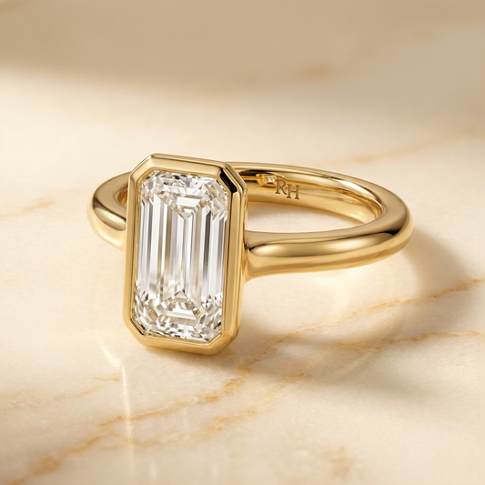 Agnes Tapered Baguette bezel solitaire engagement ring setting in 18K Yellow Gold — alt-angle hero — RockHer
