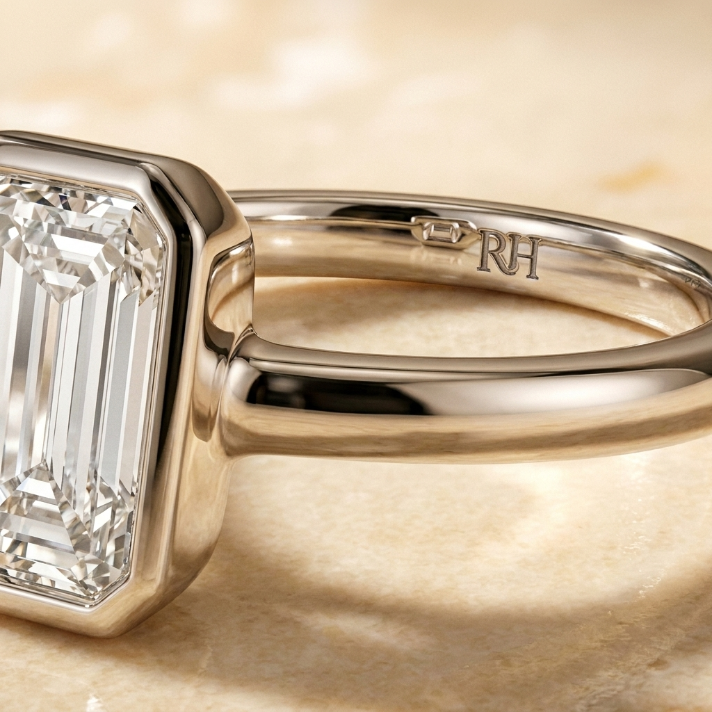 The Agnes Select bezel solitaire tapered baguette engagement ring in 18k white gold — construction detail — RockHer