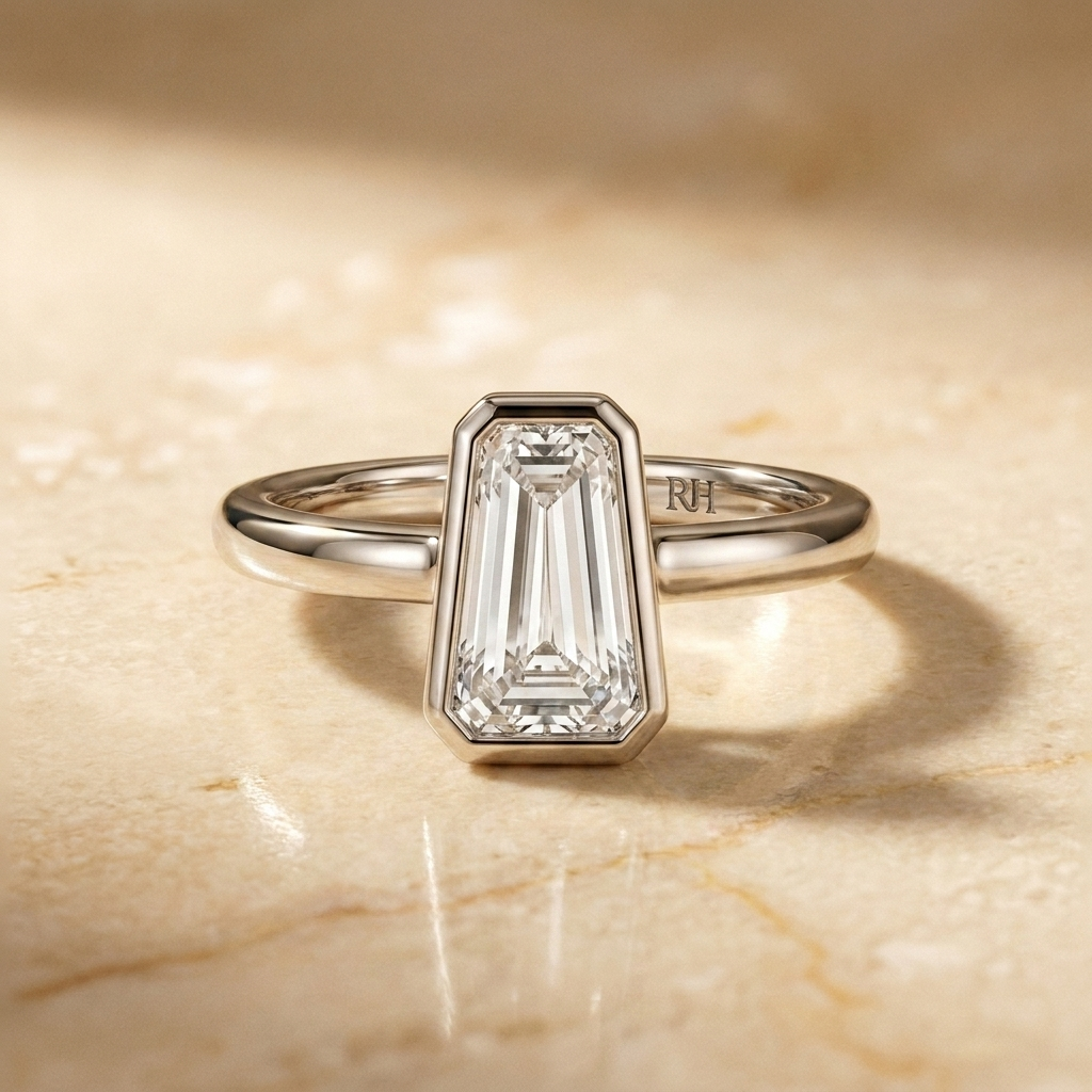The Agnes Select bezel solitaire tapered baguette engagement ring in 18k white gold — front view — RockHer