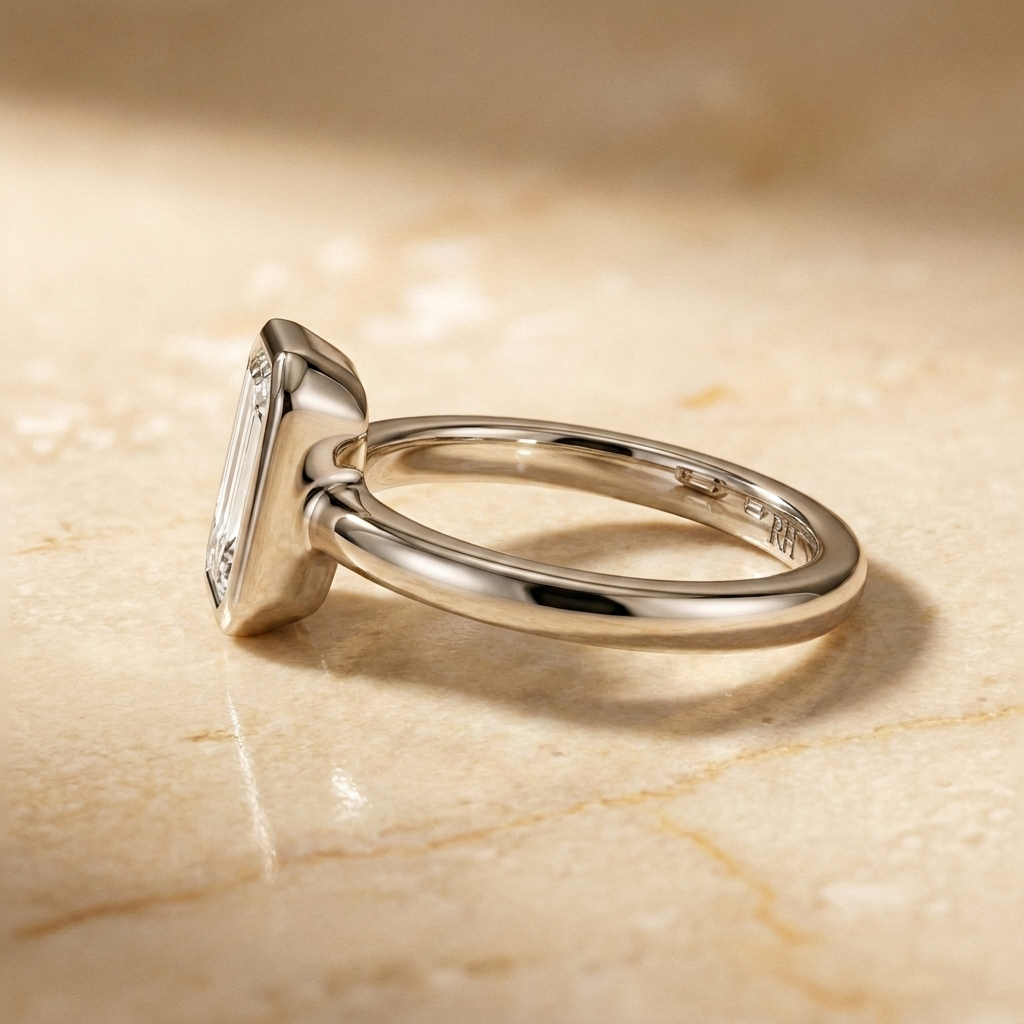 The Agnes Select bezel solitaire tapered baguette engagement ring in 18k white gold — side profile — RockHer