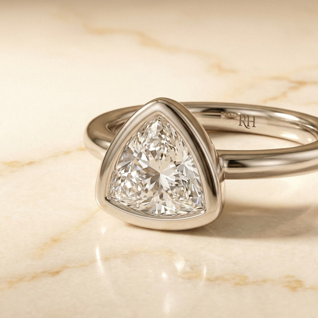 The Agnes bezel solitaire trillion engagement ring setting in 18k white gold, construction detail, RockHer