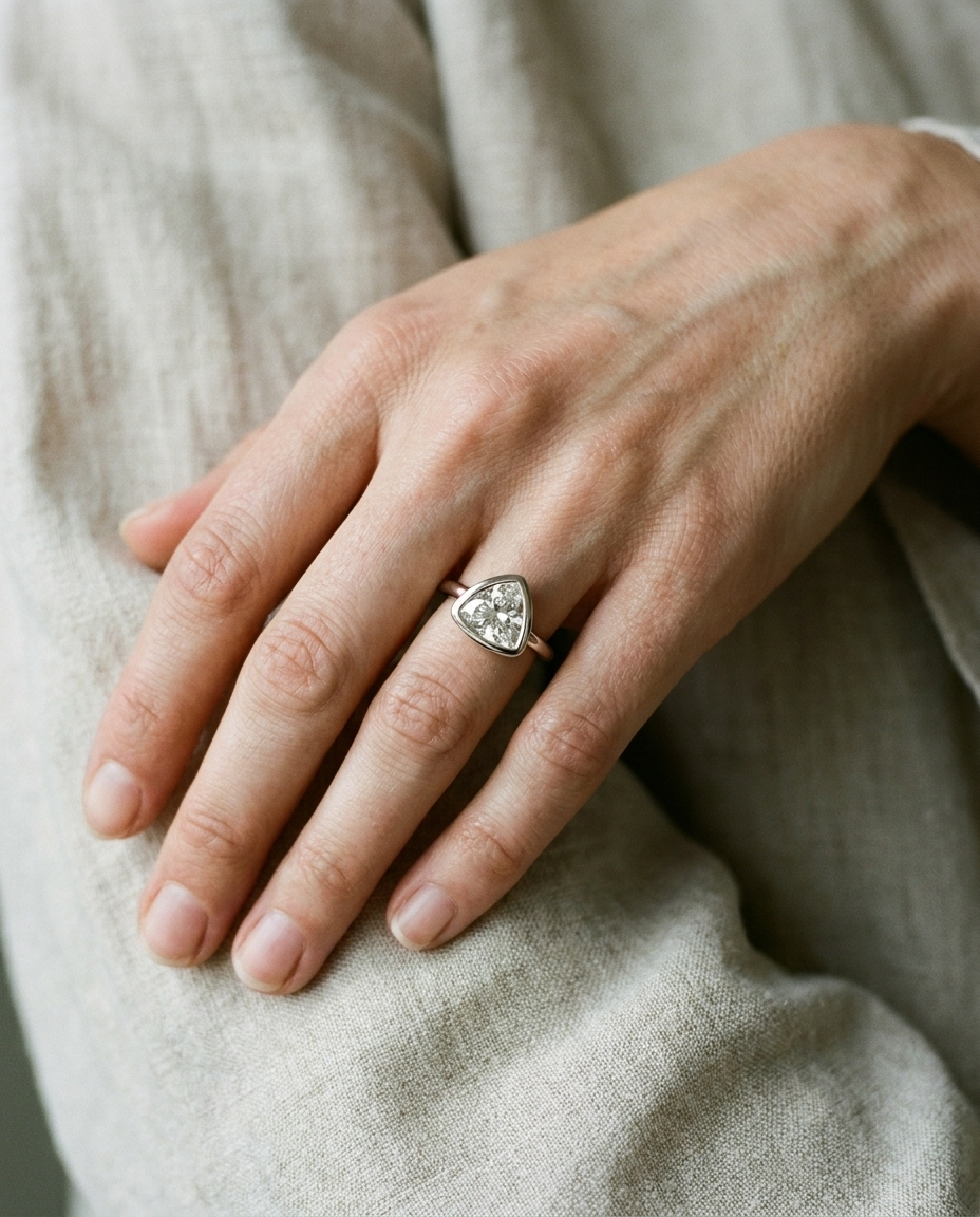 The Agnes bezel solitaire trillion engagement ring setting in 18k white gold, on hand, RockHer