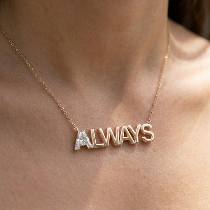 ALWAYS lab-grown diamond necklace in 14K Rose Gold, worn on neck