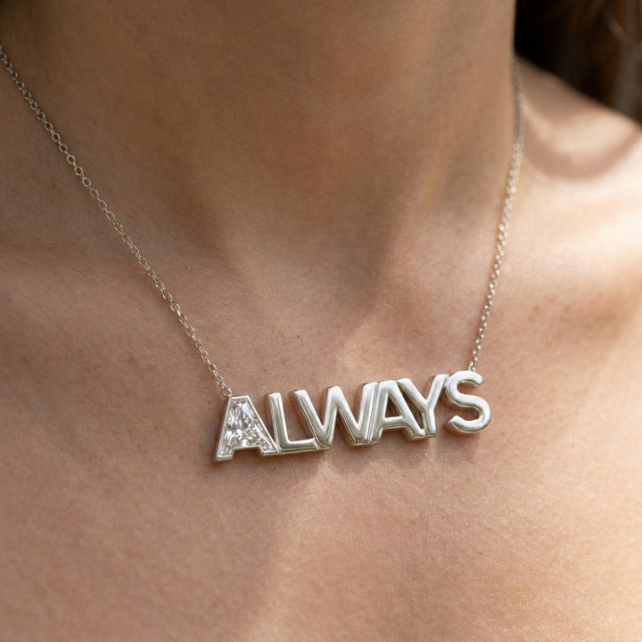 ALWAYS lab-grown diamond necklace in 14K White Gold, worn on neck
