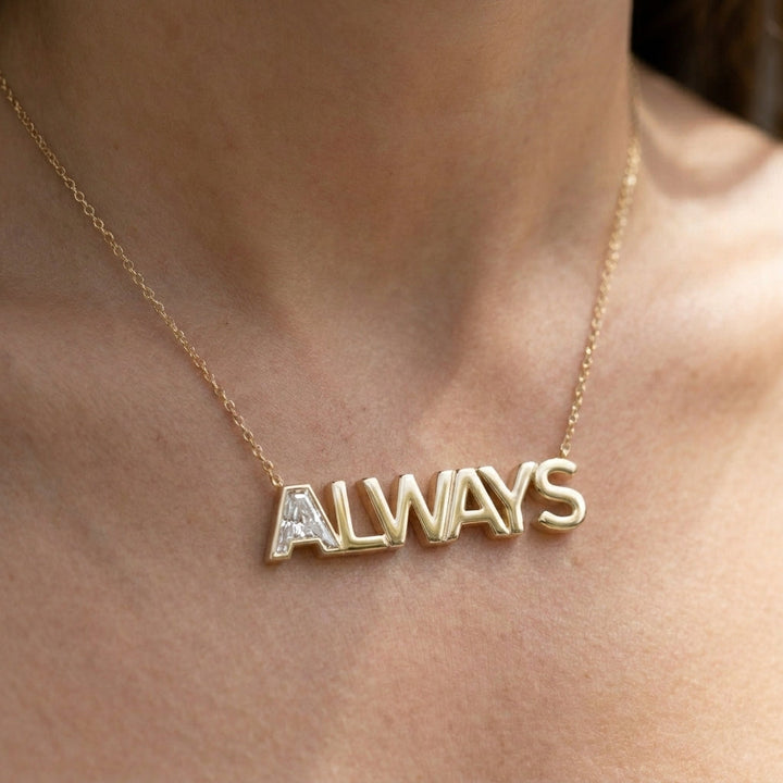 ALWAYS lab-grown diamond necklace in 14K Yellow Gold, worn on neck