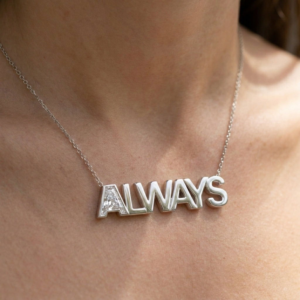 ALWAYS lab-grown diamond necklace in Platinum, worn on neck