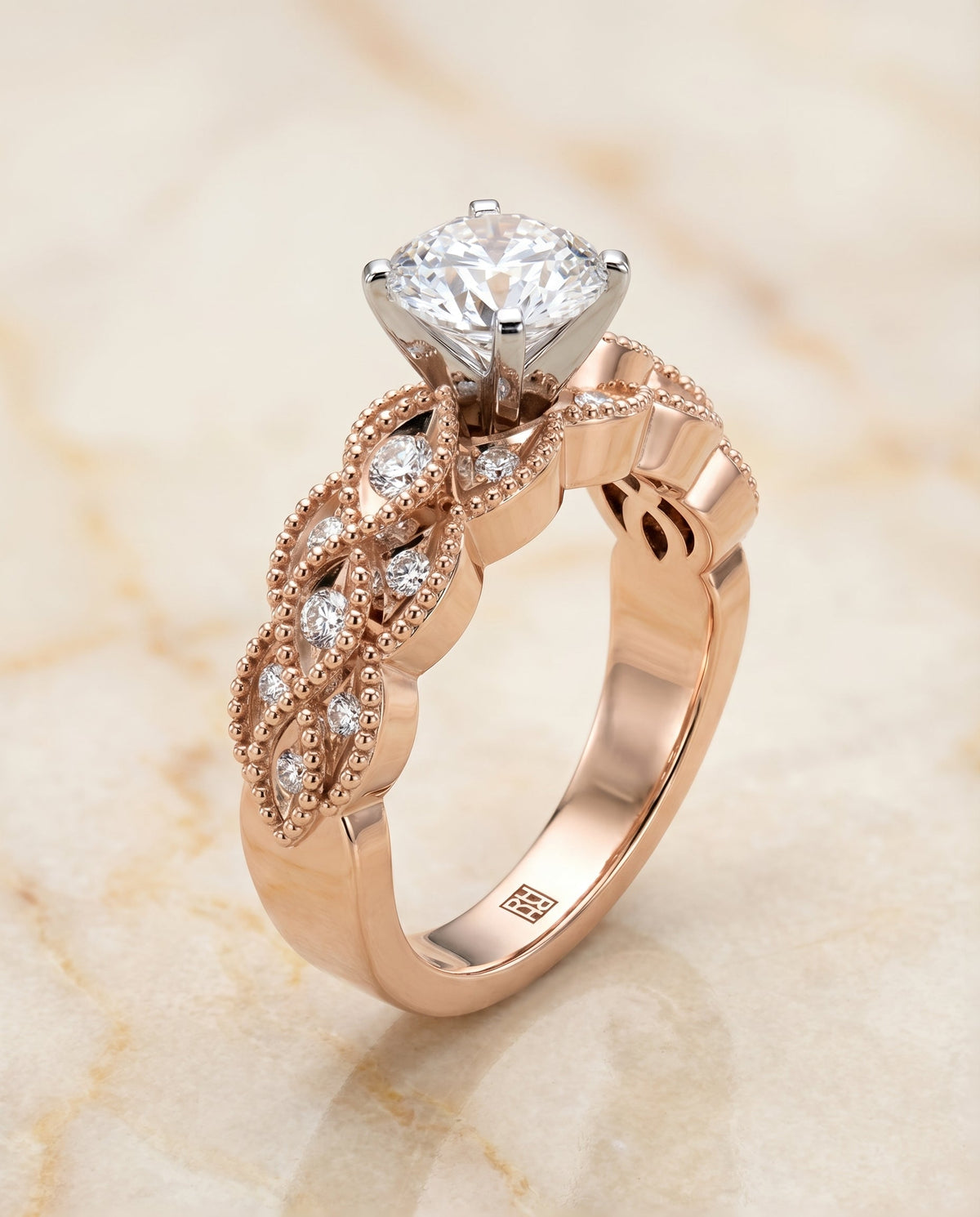 Mae Select Vintage Beaded Solitaire Round Lab Diamond Engagement Ring in 14K Rose Gold, alternate angle | RockHer