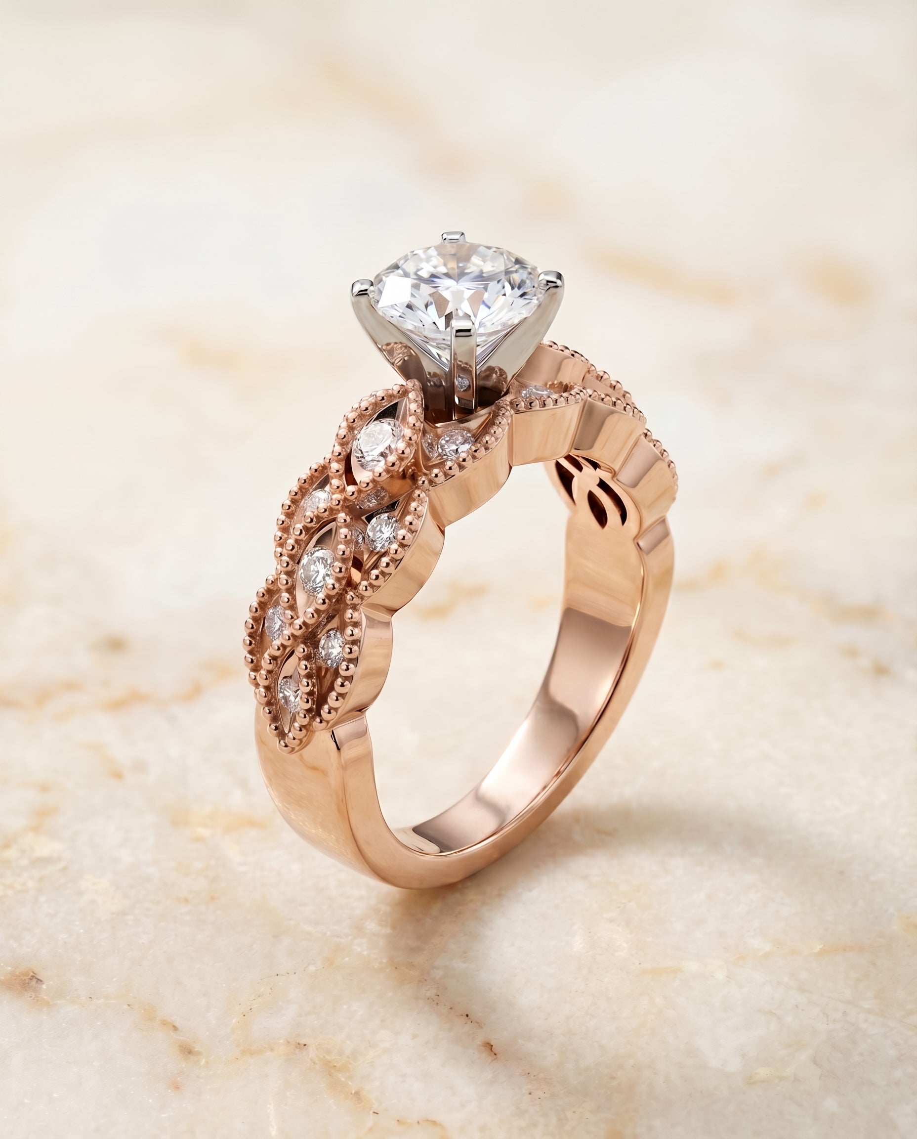 The Mae vintage beaded solitaire engagement ring setting, shown in 14K Rose Gold | RockHer