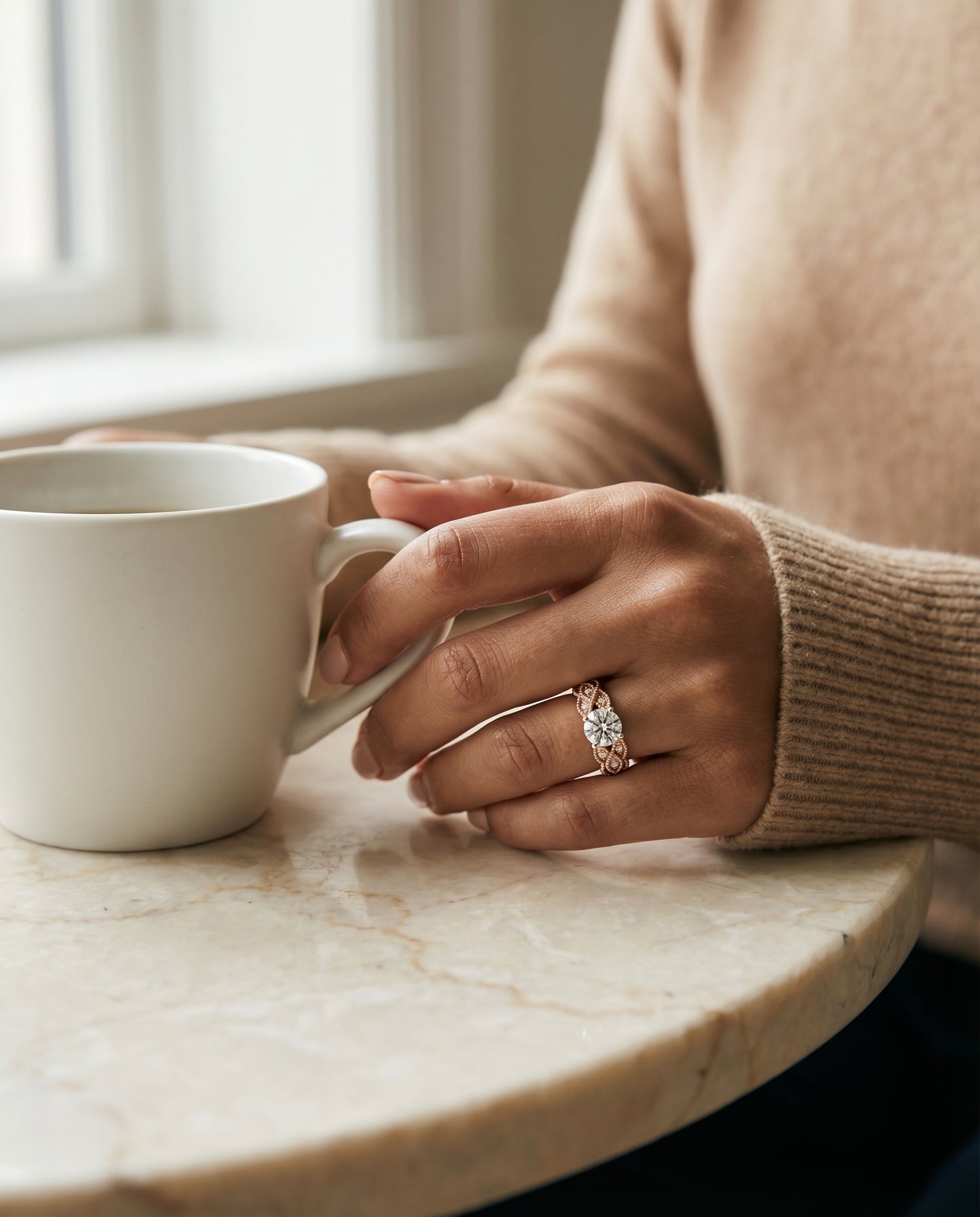 Antique Beaded Scalloped Twist Solitaire in 14K Rose Gold