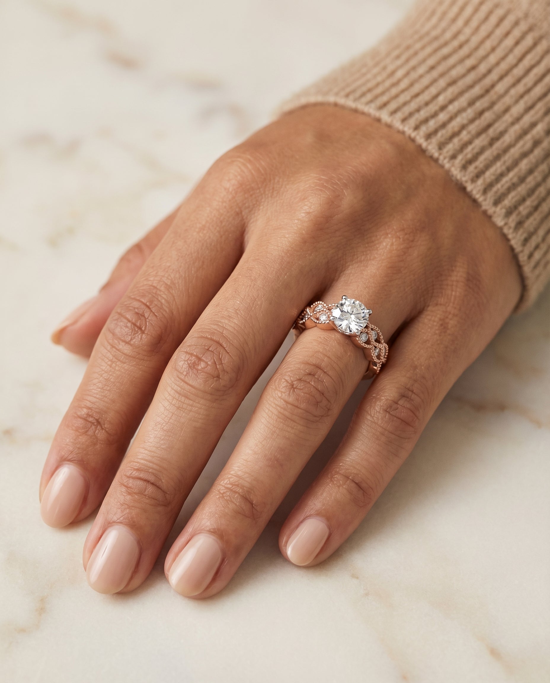 The Mae engagement ring setting in 14K Rose Gold, vintage beaded solitaire design | RockHer