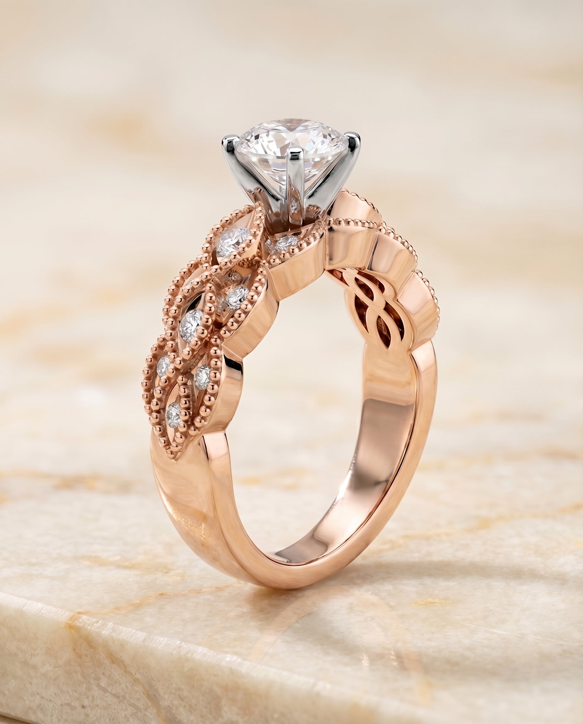 Vintage Beaded Solitaire styling on The Mae round engagement ring setting | RockHer
