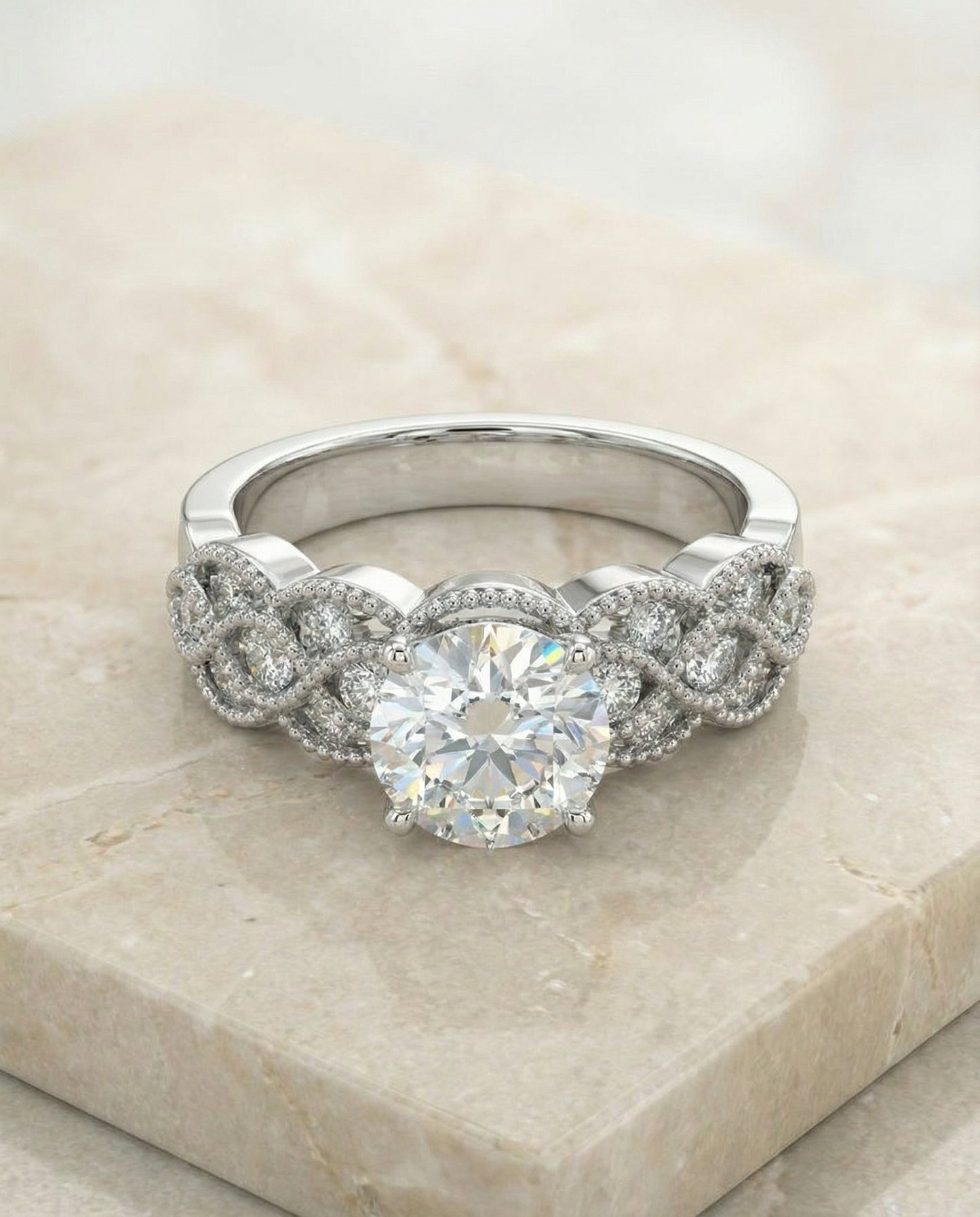 Mae Select antique beaded scalloped twist solitaire round ring in 14K White Gold — alt angle — RockHer