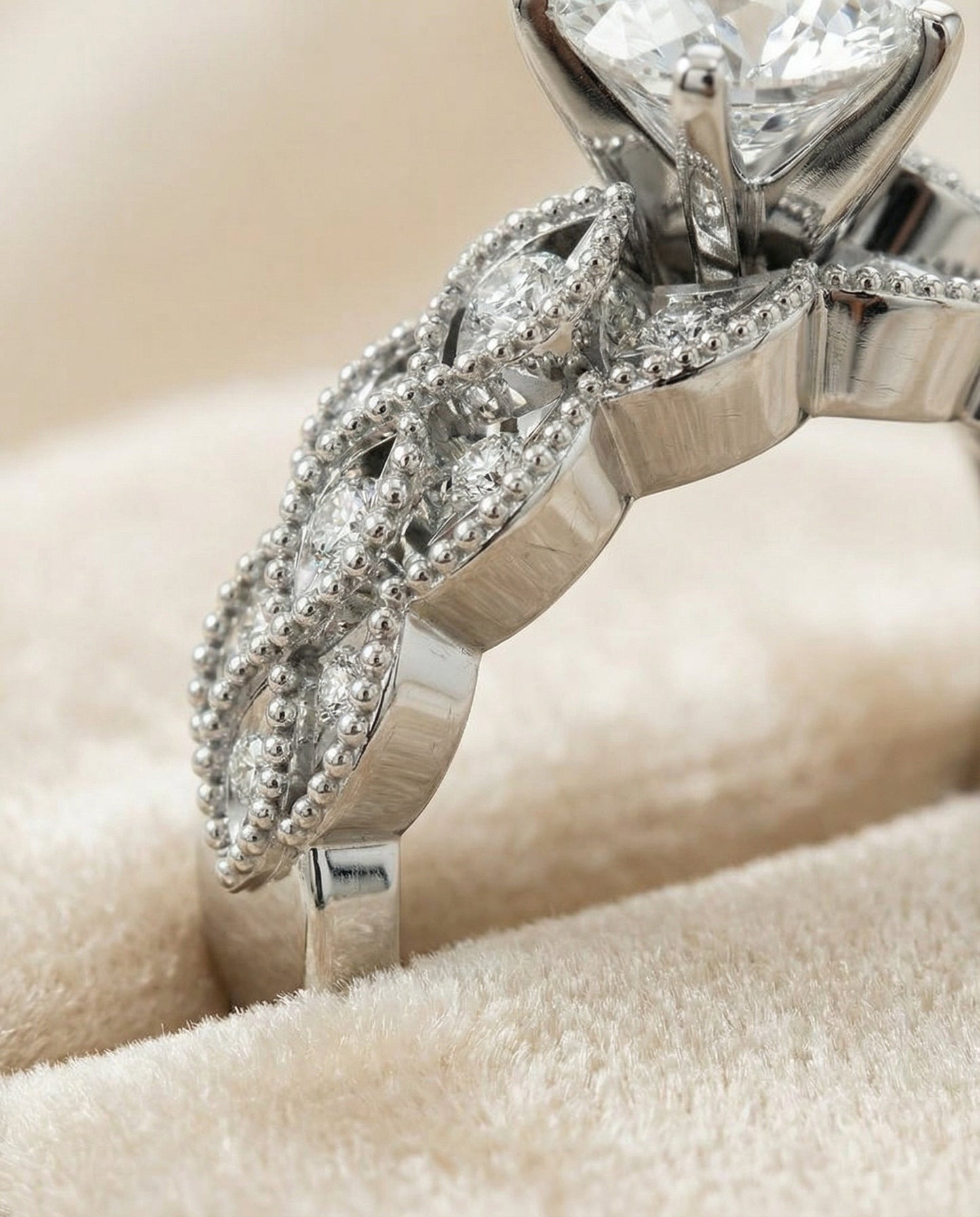Mae Select antique beaded scalloped twist solitaire round ring in 14K White Gold — detail — RockHer