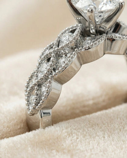 Mae Select antique beaded scalloped twist solitaire round ring in 14K White Gold — detail — RockHer