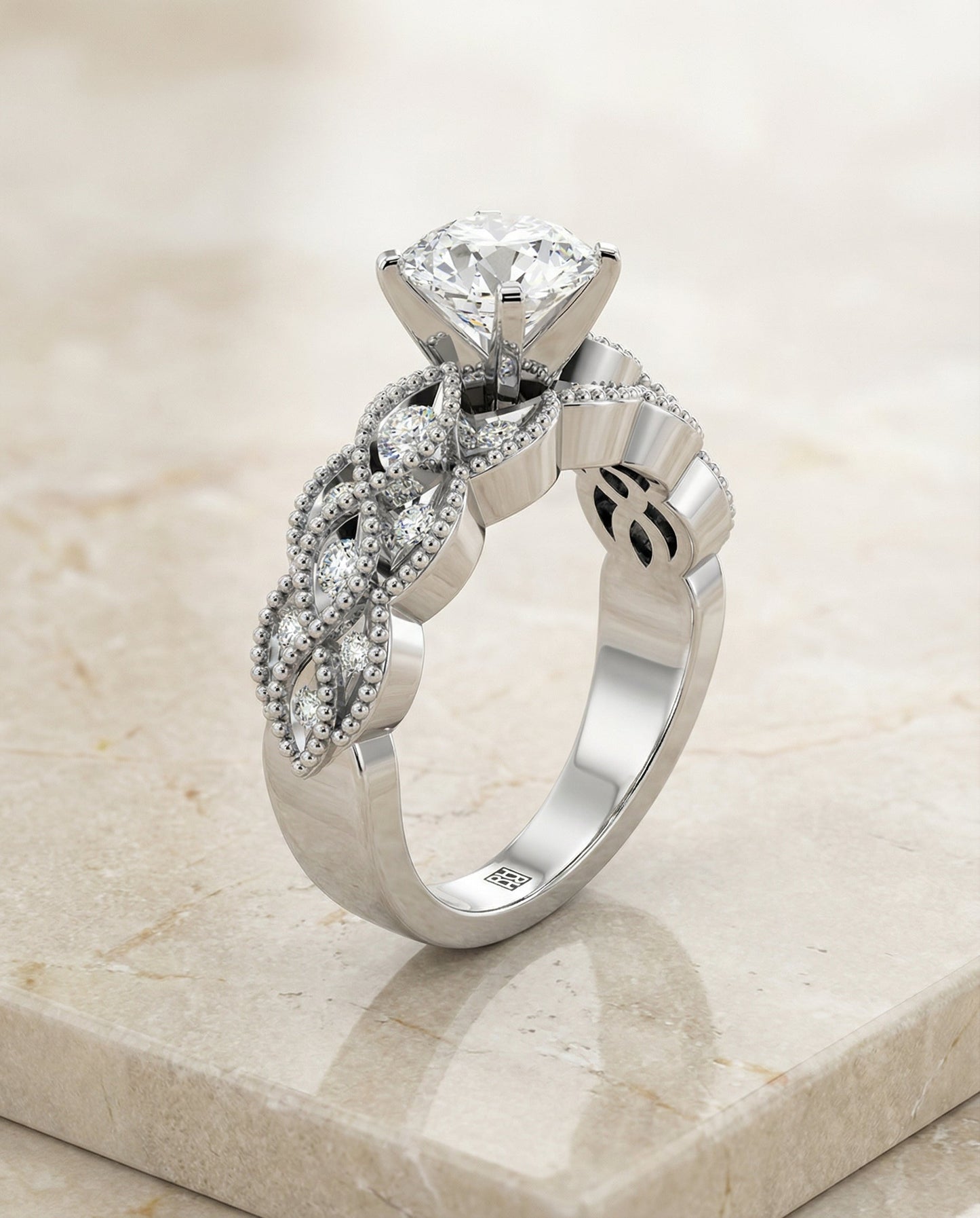 Mae Select antique beaded scalloped twist solitaire round ring in 14K White Gold — front — RockHer