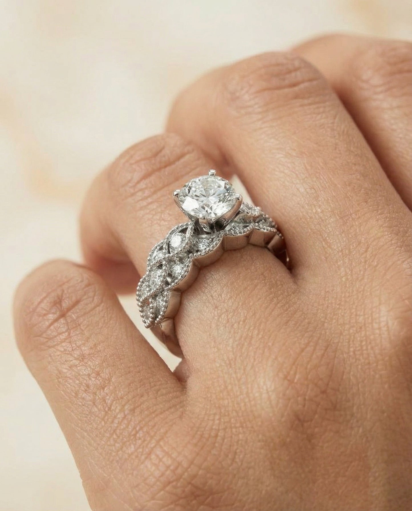Mae Select antique beaded scalloped twist solitaire round ring in 14K White Gold — on hand angled — RockHer