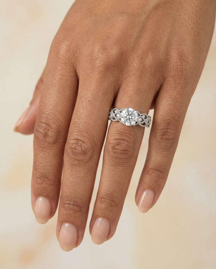 Mae Select antique beaded scalloped twist solitaire round ring in 14K White Gold — front — RockHer