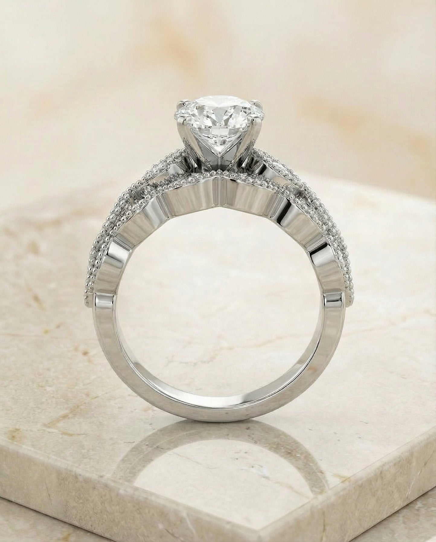 Mae Select antique beaded scalloped twist solitaire round ring in 14K White Gold — side — RockHer