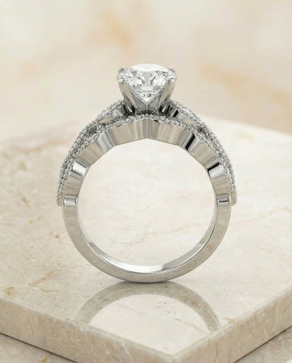 Mae Select antique beaded scalloped twist solitaire round ring in 14K White Gold — side — RockHer