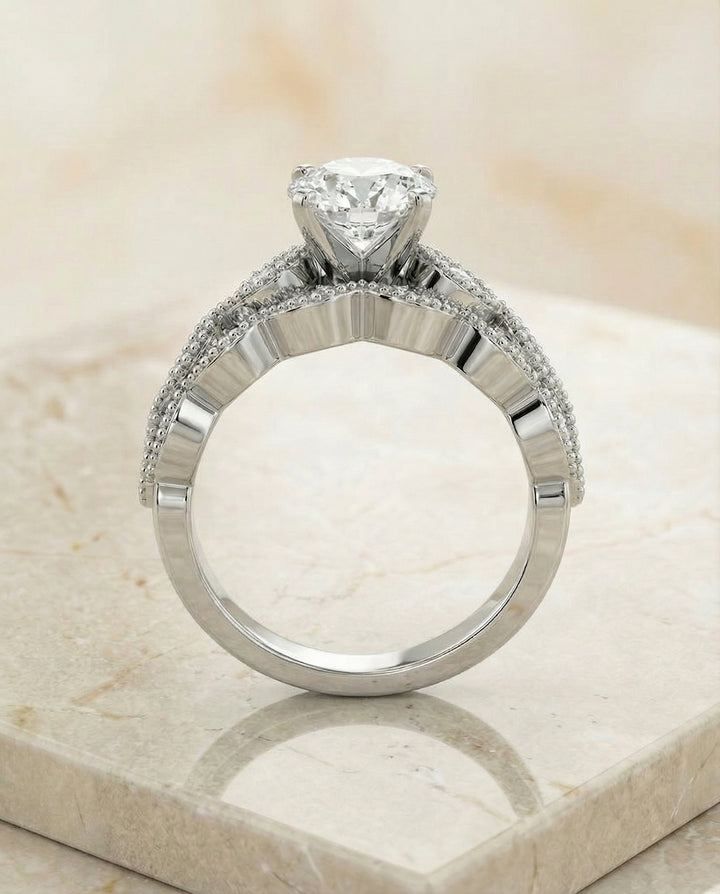 Mae Select antique beaded scalloped twist solitaire round ring in 14K White Gold — side — RockHer