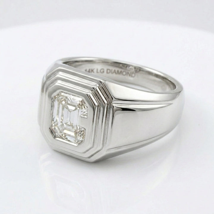 Women's Art Deco lab-grown diamond letter signet ring in 14K White Gold, letter C, product photography