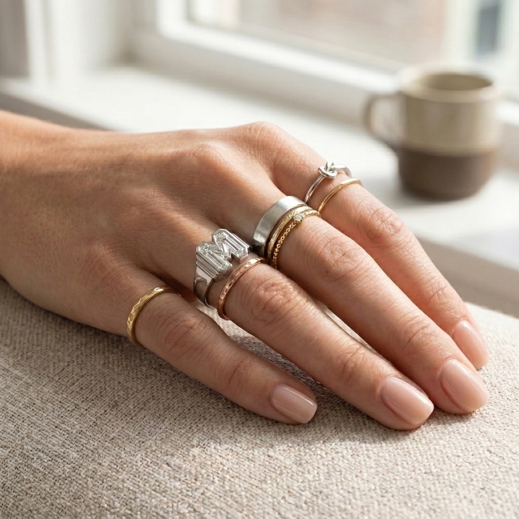 Women's Art Deco lab-grown diamond letter signet ring in Platinum, letter M, worn on hand