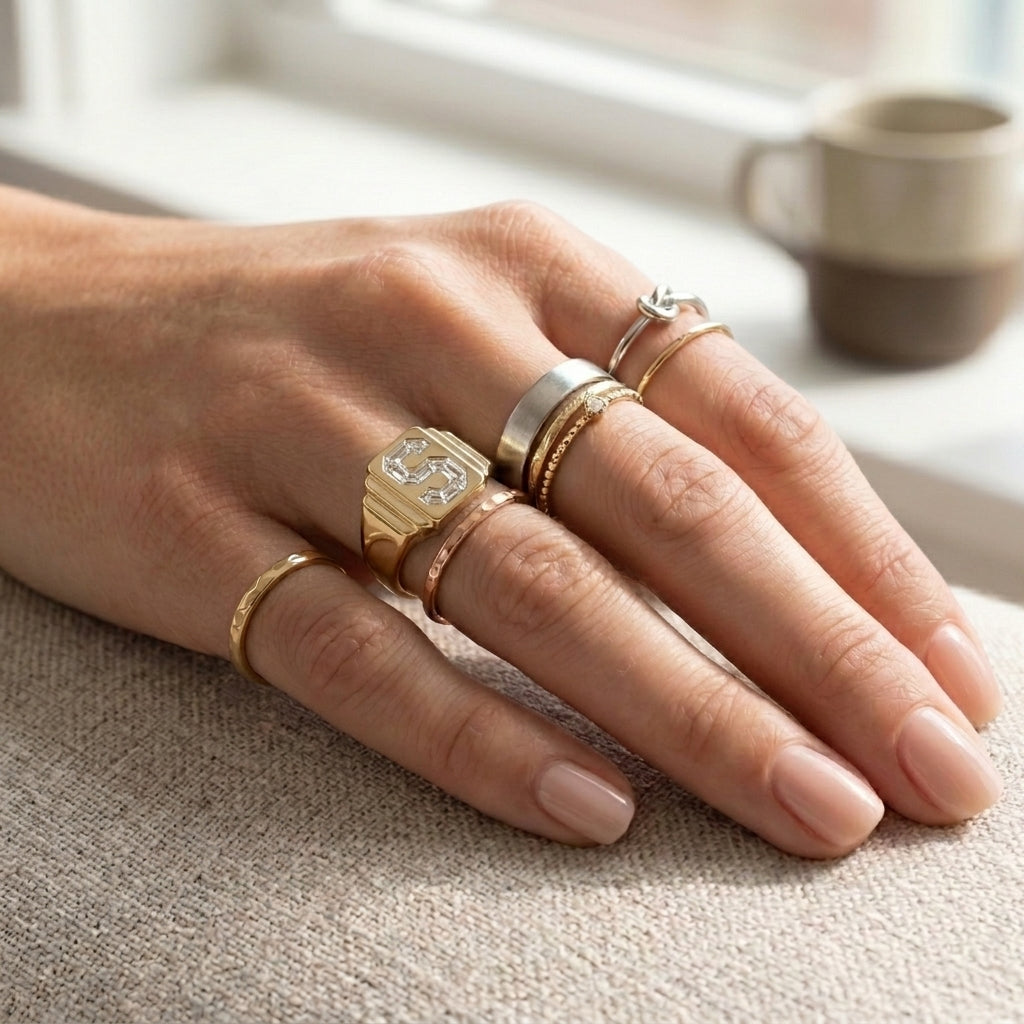 Women's Art Deco lab-grown diamond letter signet ring in 14K Yellow Gold, letter S, worn on hand