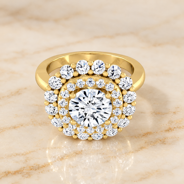 The Arietta Double Halo Round Engagement Ring Setting in 18K Yellow Gold