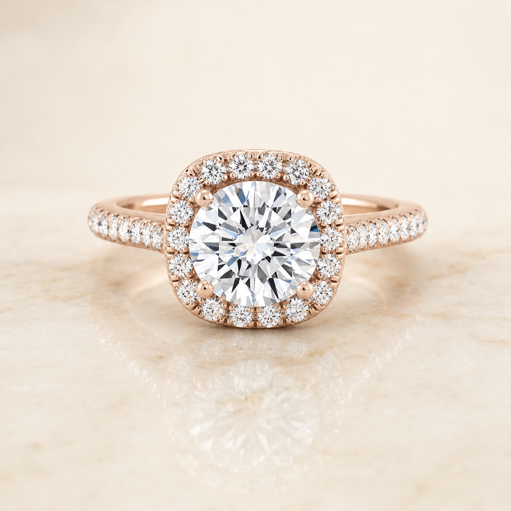 The Bianca Classic Prong Halo Round Engagement Ring Setting in 14K Rose Gold