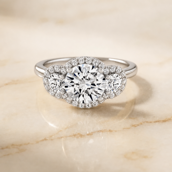 The Anna Three Stone Halo Round Engagement Ring Setting in 18K White Gold