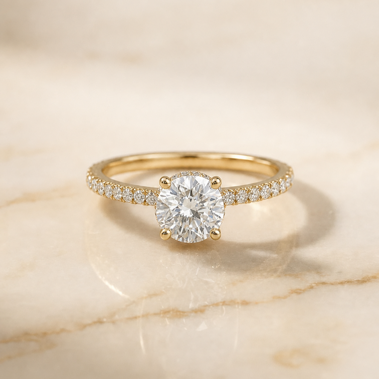 The Elliott Select Hidden Halo Pavé Round Lab Diamond Engagement Ring in 18K Yellow Gold
