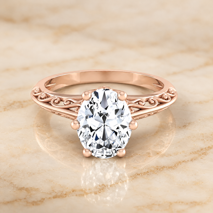 The Layla Vintage Scroll Cutout Solitaire Oval Engagement Ring Setting in 14K Rose Gold