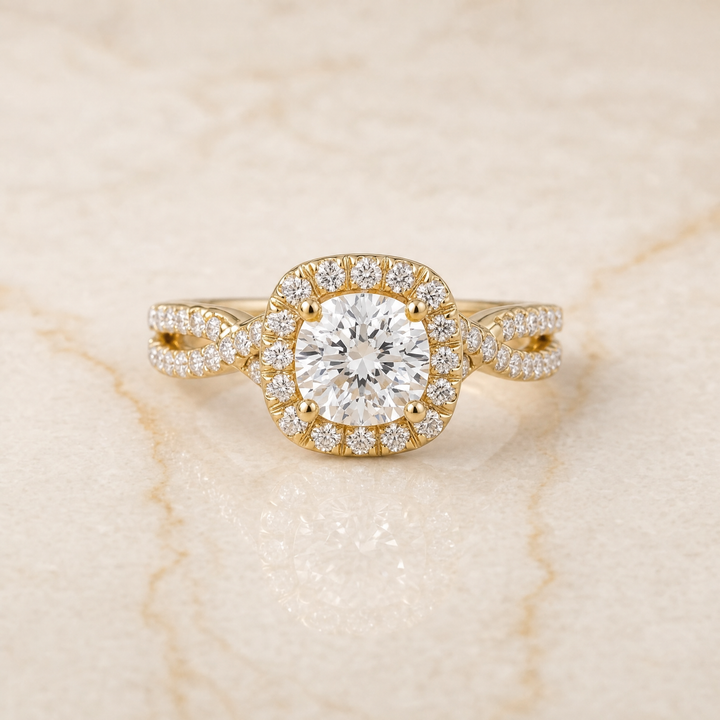 The Audra Twisted Scalloped Pavé Halo Cushion Cut Engagement Ring Setting in 18K Yellow Gold