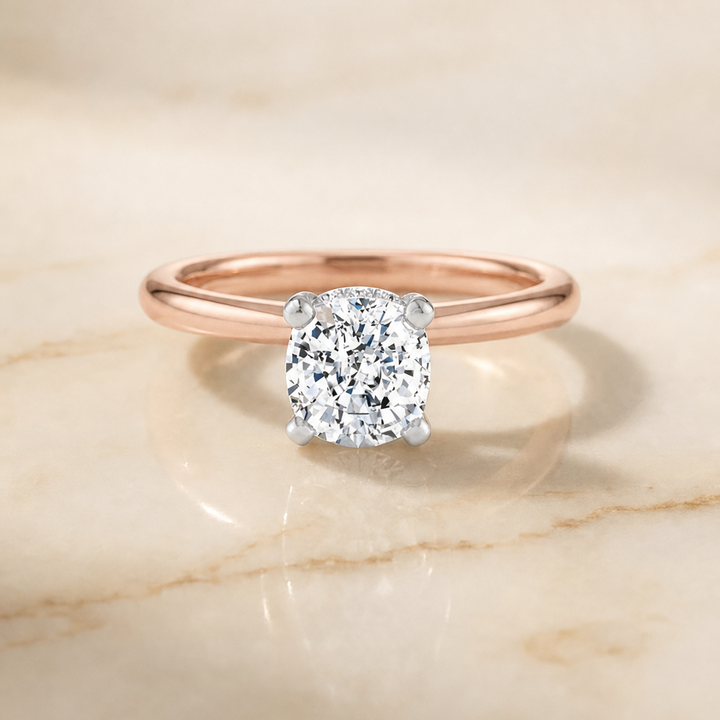 The Annabelle Hidden Pavé Basket Crown Solitaire Cushion Cut Engagement Ring Setting in 14K Rose Gold
